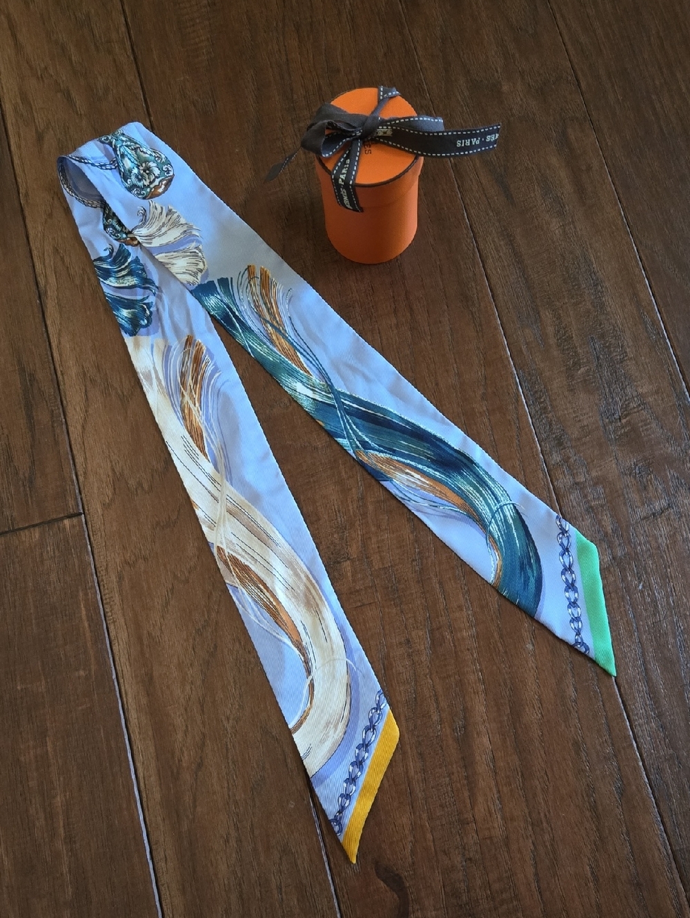 Hermes Silk Cavalcades Twilly Bleu Ciel Creme Vert